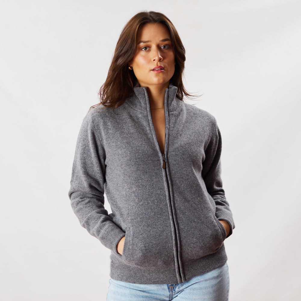 Lambswool women zipperd cardigan windstopper