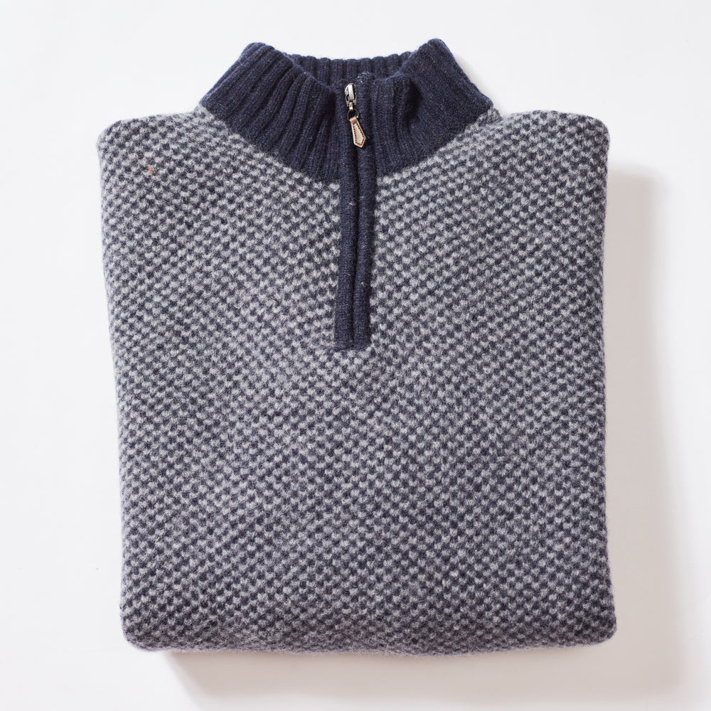 Lana d'agnello zip a un quarto - Grey Mix/Indigo Melange