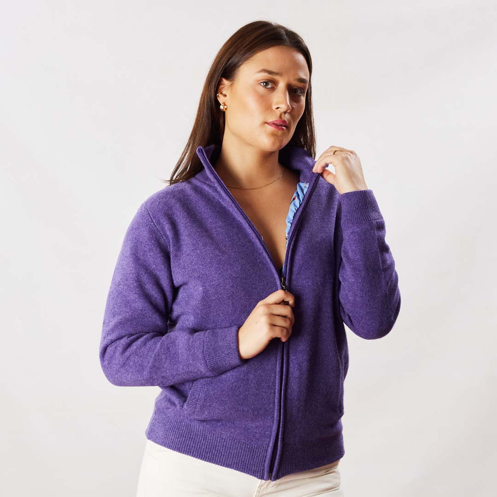 Lambswool windstopper zipped cardigan women - Heliotrope - Golf lining