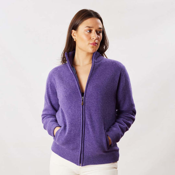 Lambswool windstopper zipped cardigan women - Heliotrope - Black lining