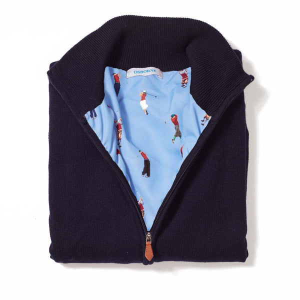 Lambswool windstopper zipped cardigan women - Navy - Golf lining