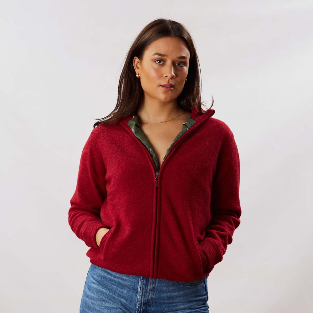 Lammwolle windstopper Strickjacke mit Reißverschluss damen - Poppy Melange - Ente Auskleidung