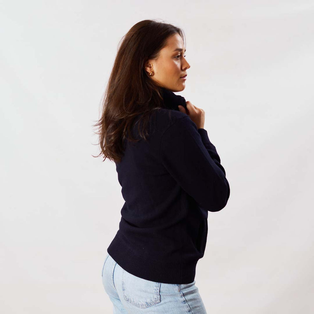 Lambswool windstopper zipped cardigan women - Navy - Black lining