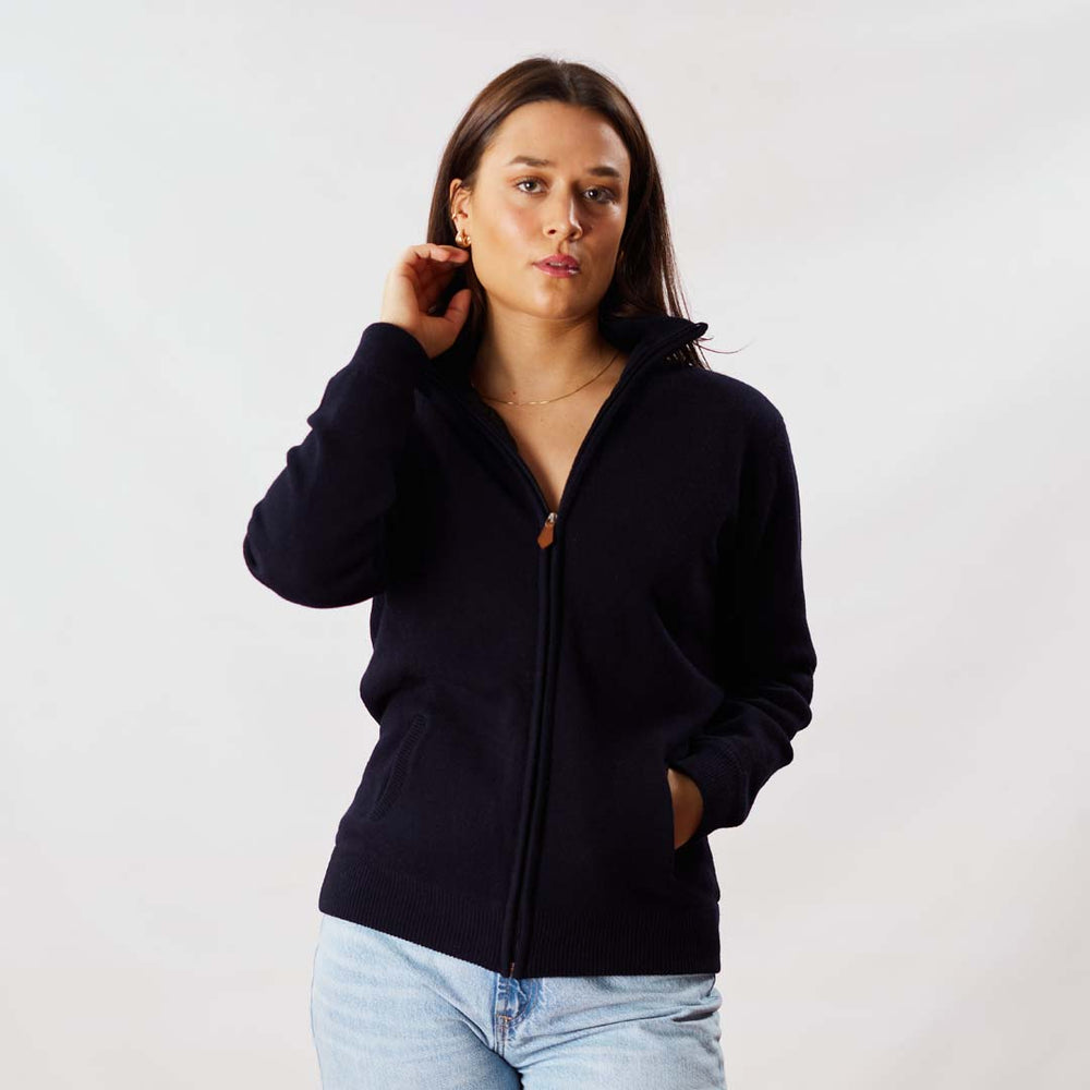 Lambswool windstopper zipped cardigan women - Navy - Black lining