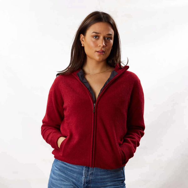 Lambswool windstopper zipped cardigan women - Poppy Melange - Black lining