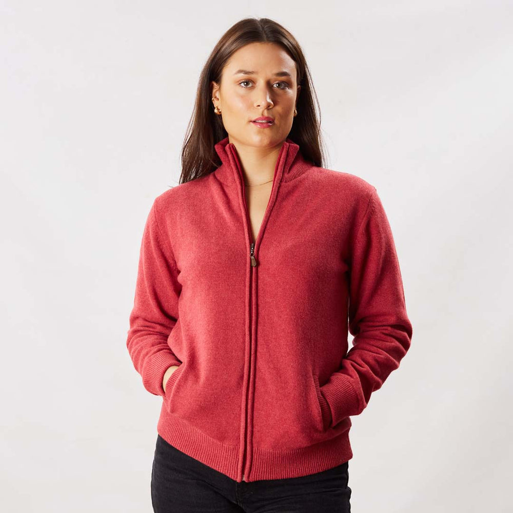 Lambswool windstopper zipped cardigan women - Rouge - Black lining