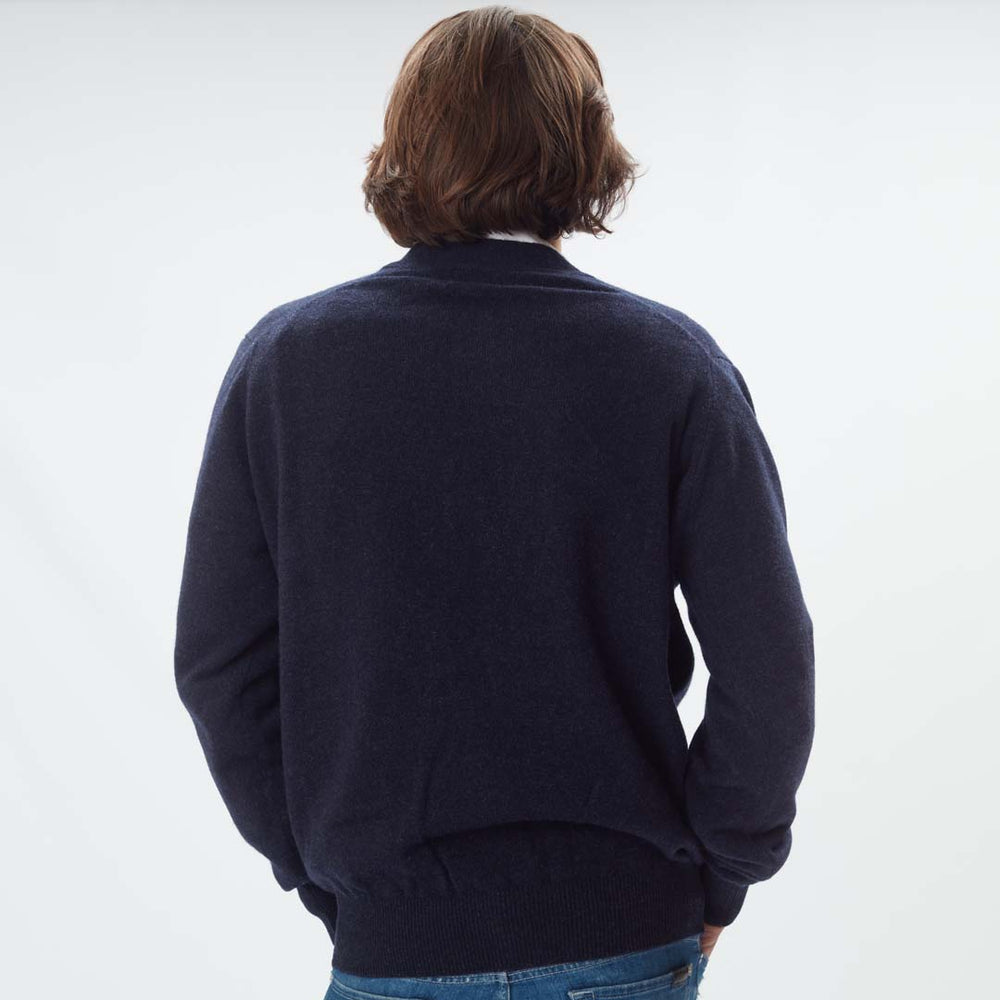 Lammwolle butonierte Strickjacke - Indigo Melange