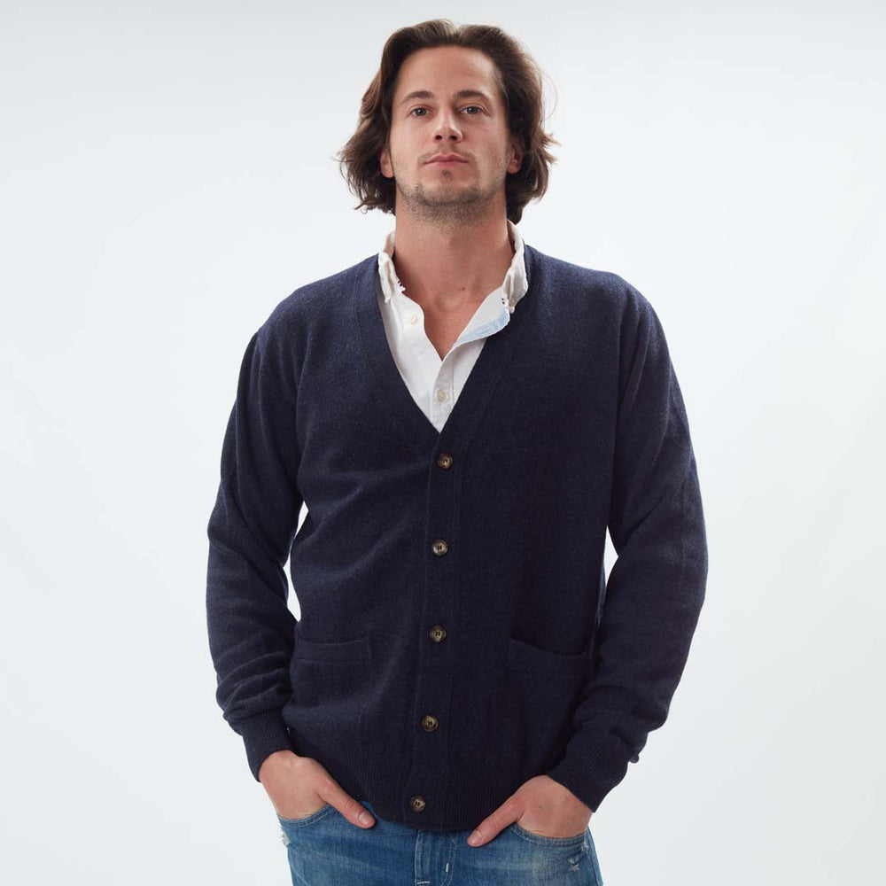 Lammwolle butonierte Strickjacke - Indigo Melange