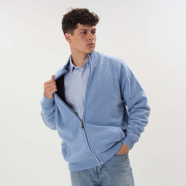 Lana d'agnello antivento cardigan con zip - Glacier - fodera nera