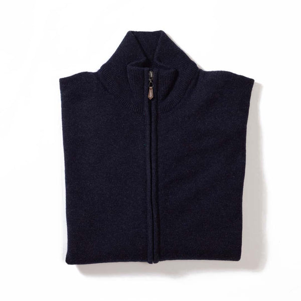 Lammwolle Strickjacke mit Reißverschluss - Sattelschultern - Indigo Melange