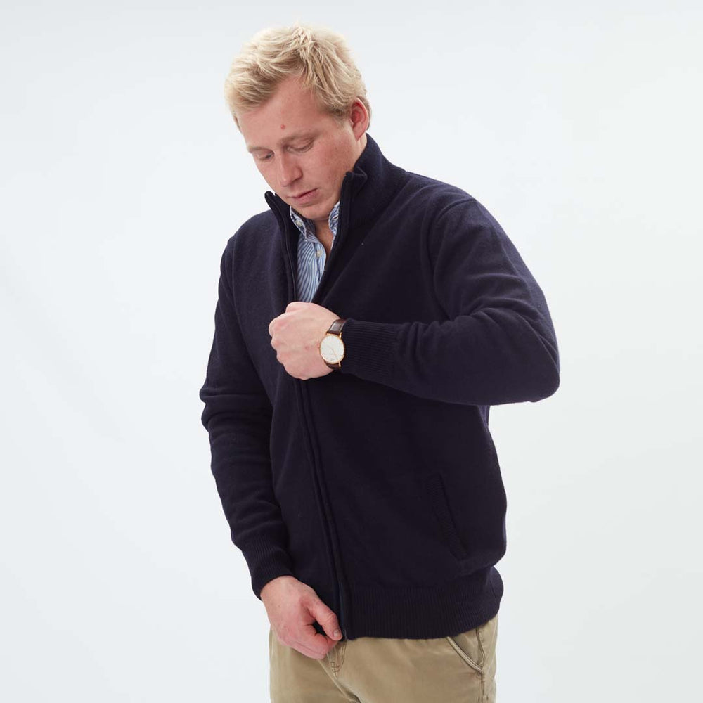 Lammwolle Strickjacke mit Reißverschluss - Navy