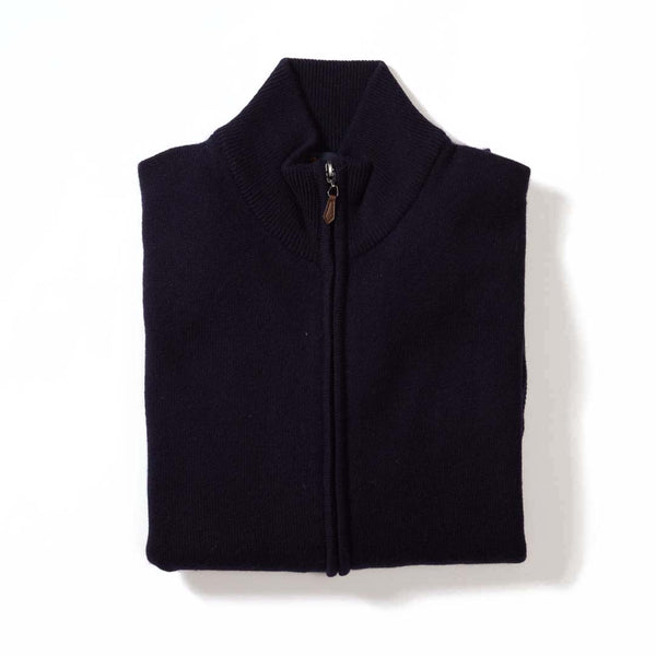 Lammwolle Strickjacke mit Reißverschluss - Sattelschultern - Navy