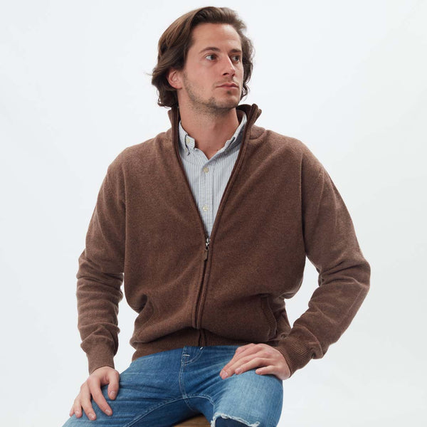 Lammwolle Strickjacke mit Reißverschluss - Tobacco