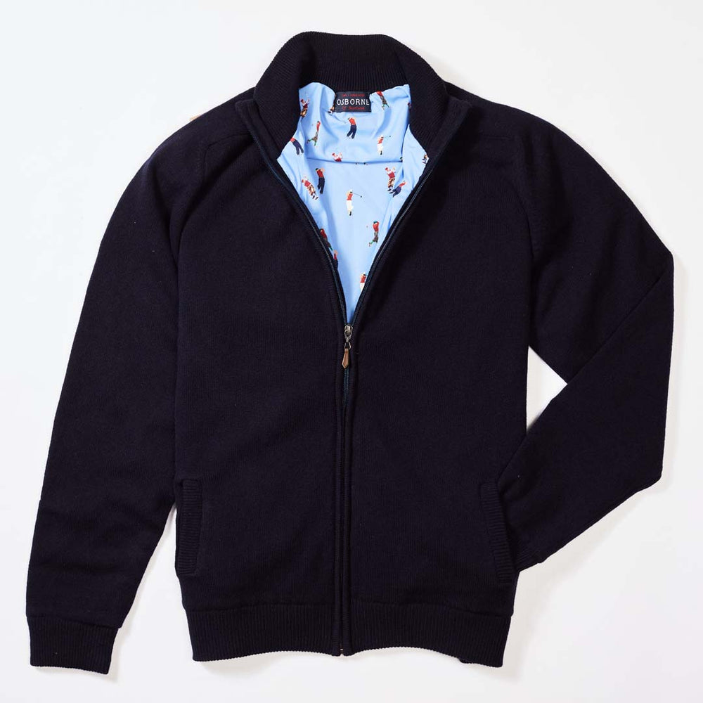 Lambswool windstopper zipped cardigan - Navy - Golf lining