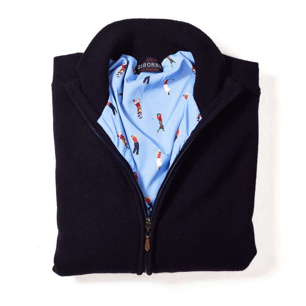 Lambswool windstopper zipped cardigan - Navy - Golf lining