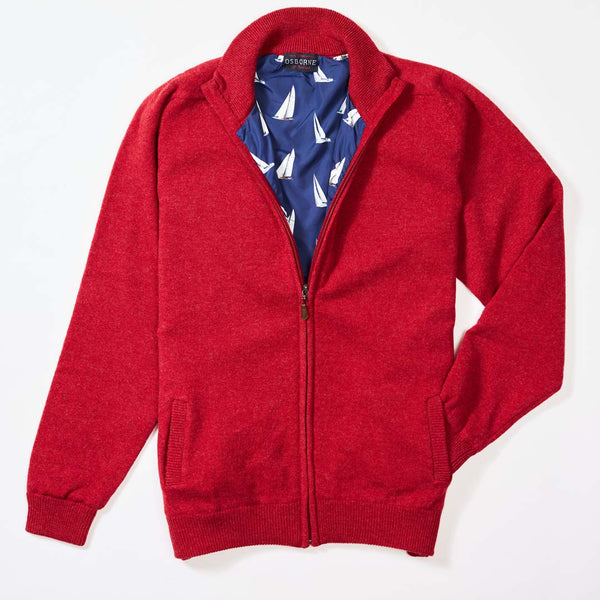 Lambswool windstopper zipped cardigan - Poppy Melange - Boat lining