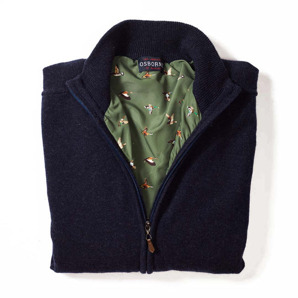 Lambswool windstopper zipped cardigan - Indigo Melange - Duck lining