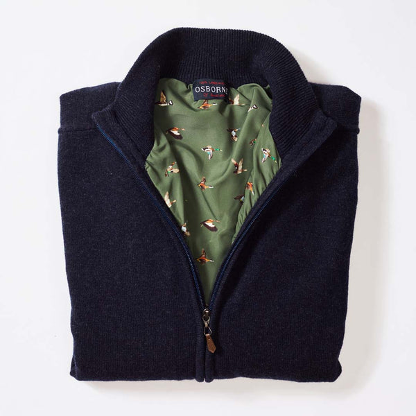 Lambswool windstopper zipped cardigan - Indigo Melange - Duck lining