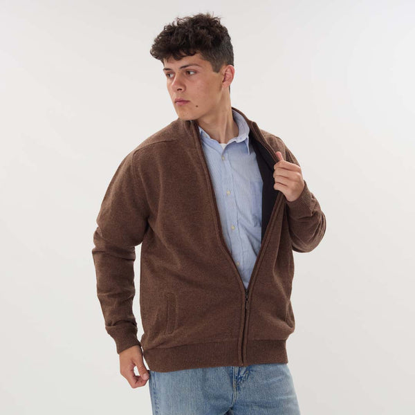 Lambswool windstopper zipped cardigan - Tobacco - Black lining