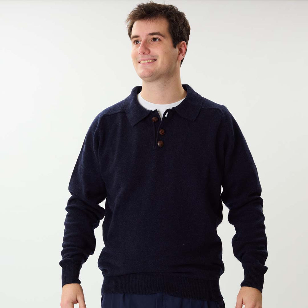 Lambswool polo sweater - Indigo Melange