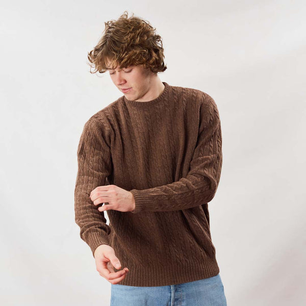 Lambswool small cable crew neck - Tobacco