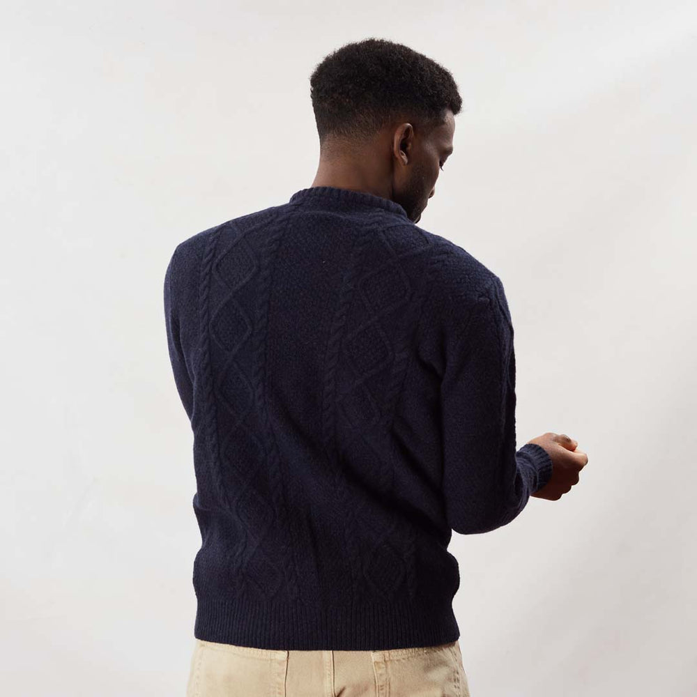 Lambswool large cable crew neck - Indigo Melange