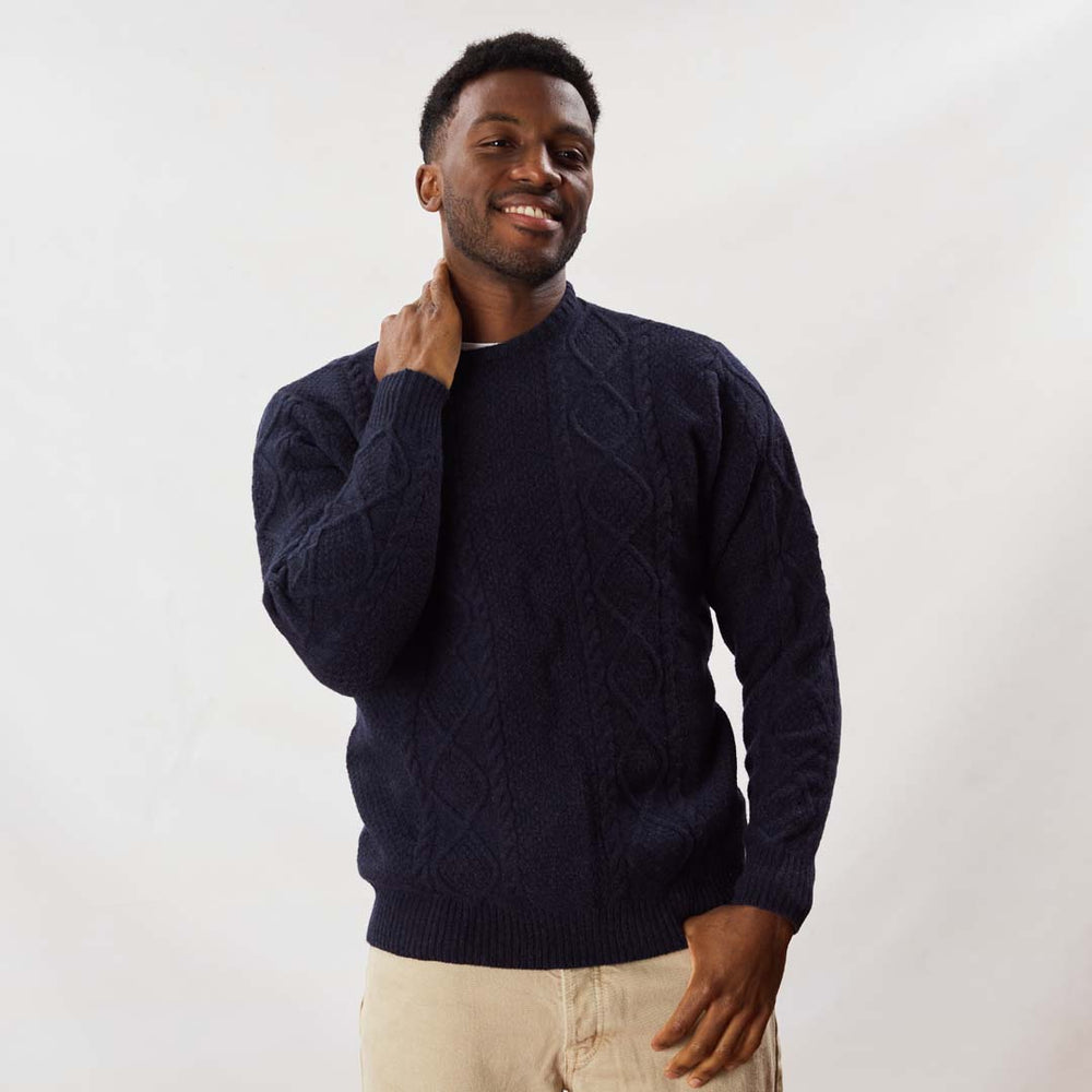 Lambswool large cable crew neck - Indigo Melange