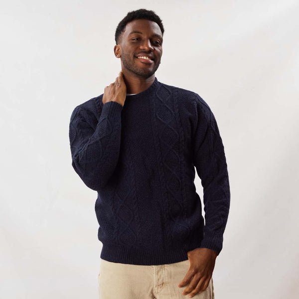 Lambswool large cable crew neck - Indigo Melange