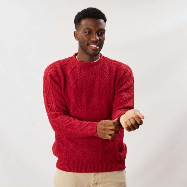 Lambswool large cable crew neck - Poppy Melange