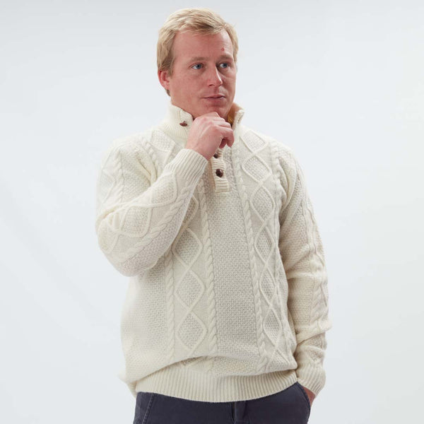 Lambswool large cable butonned mock neck - Ecru 230