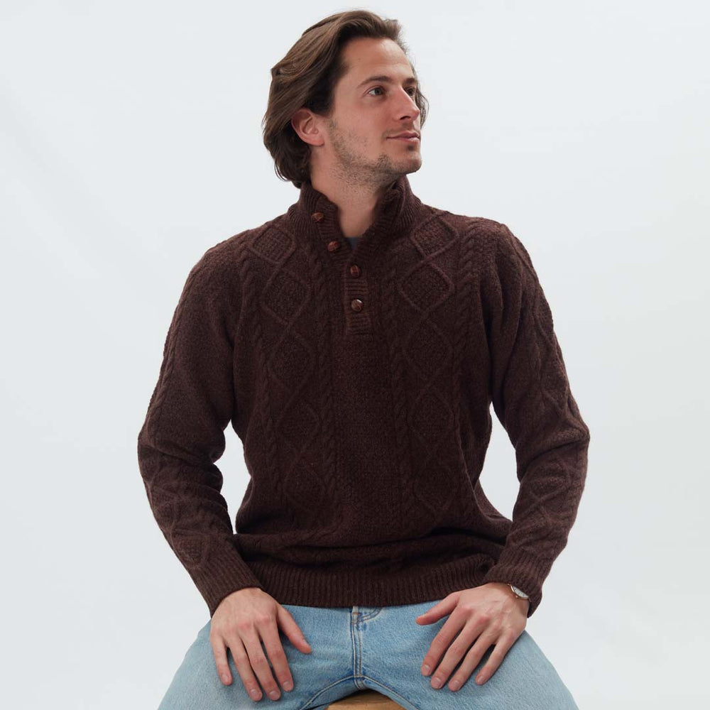 Lambswool large cable butonned mock neck - Hickory 363