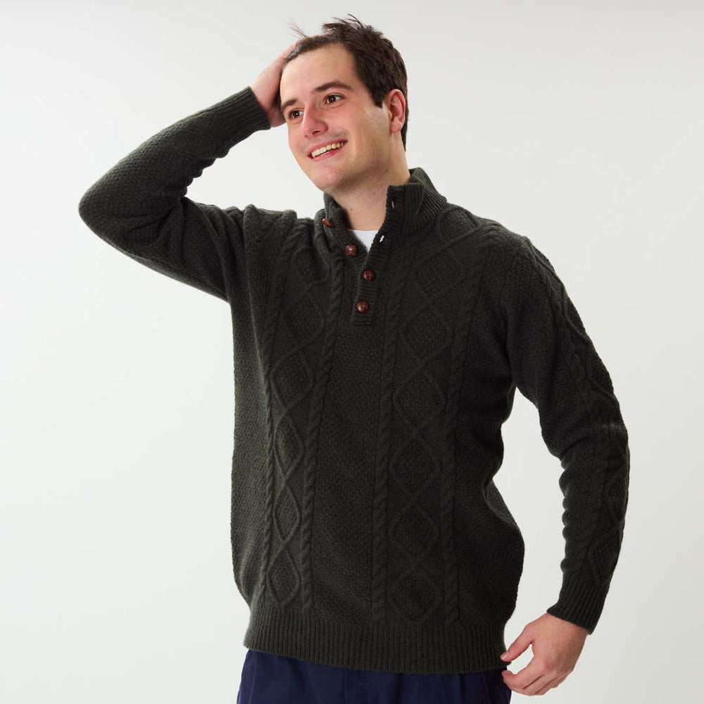 Lambswool large cable butonned mock neck - Seaweed 54