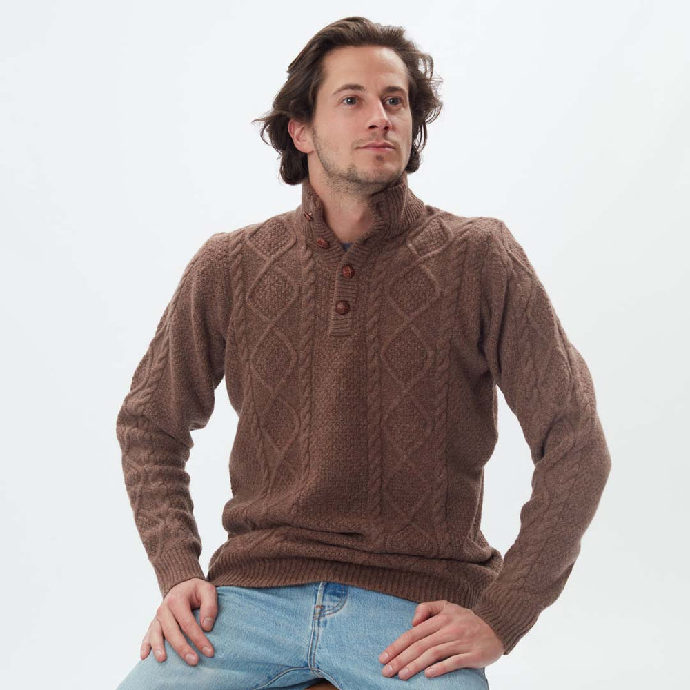Lammwolle grob gestrickter Zopfpullover - Tobacco