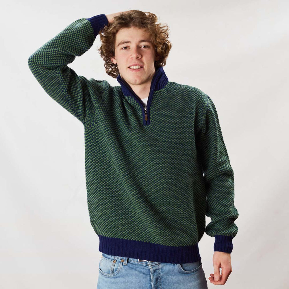 Lana d'agnello zip a un quarto - Watercress/Dark Cobalt