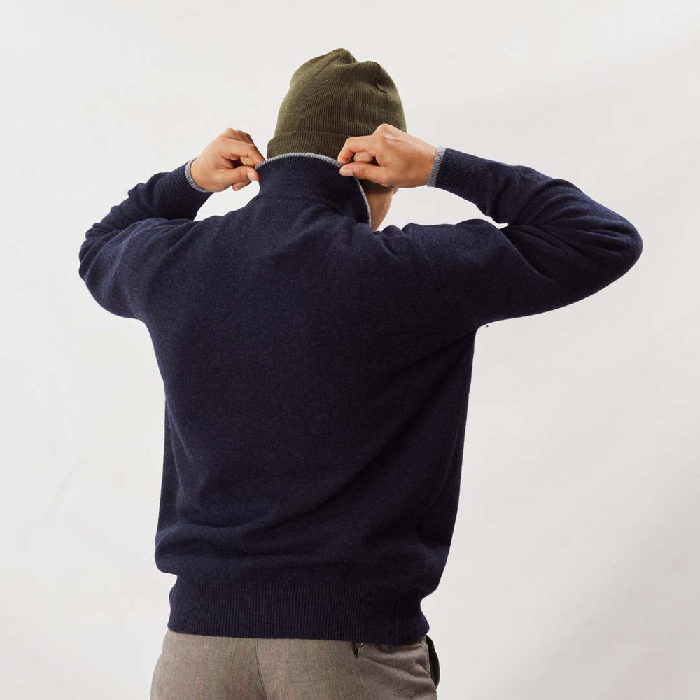 Lana d'agnello zip a un quarto - Indigo Melange/Grey Mix