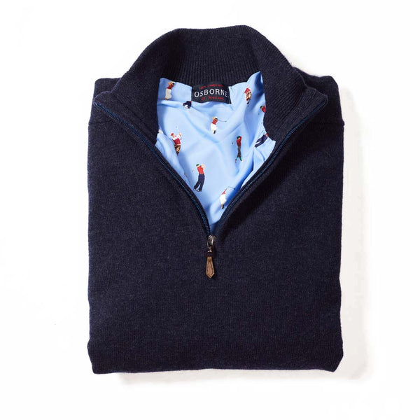 Lana d'agnello antivento zip a un quarto - Indigo Melange - fodera da golf